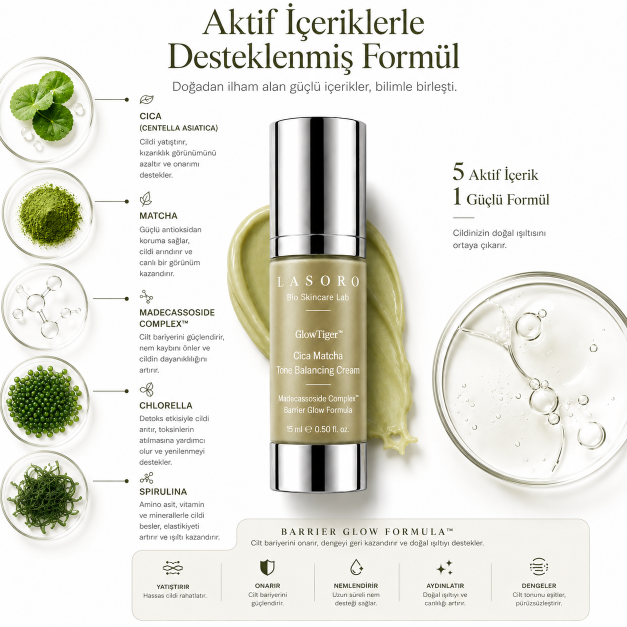 GlowTiger™ Cica Matcha Tone Balancing Cream | Cica Krem | Matcha Krem | Cilt Bariyeri Destekleyici Nemlendirici