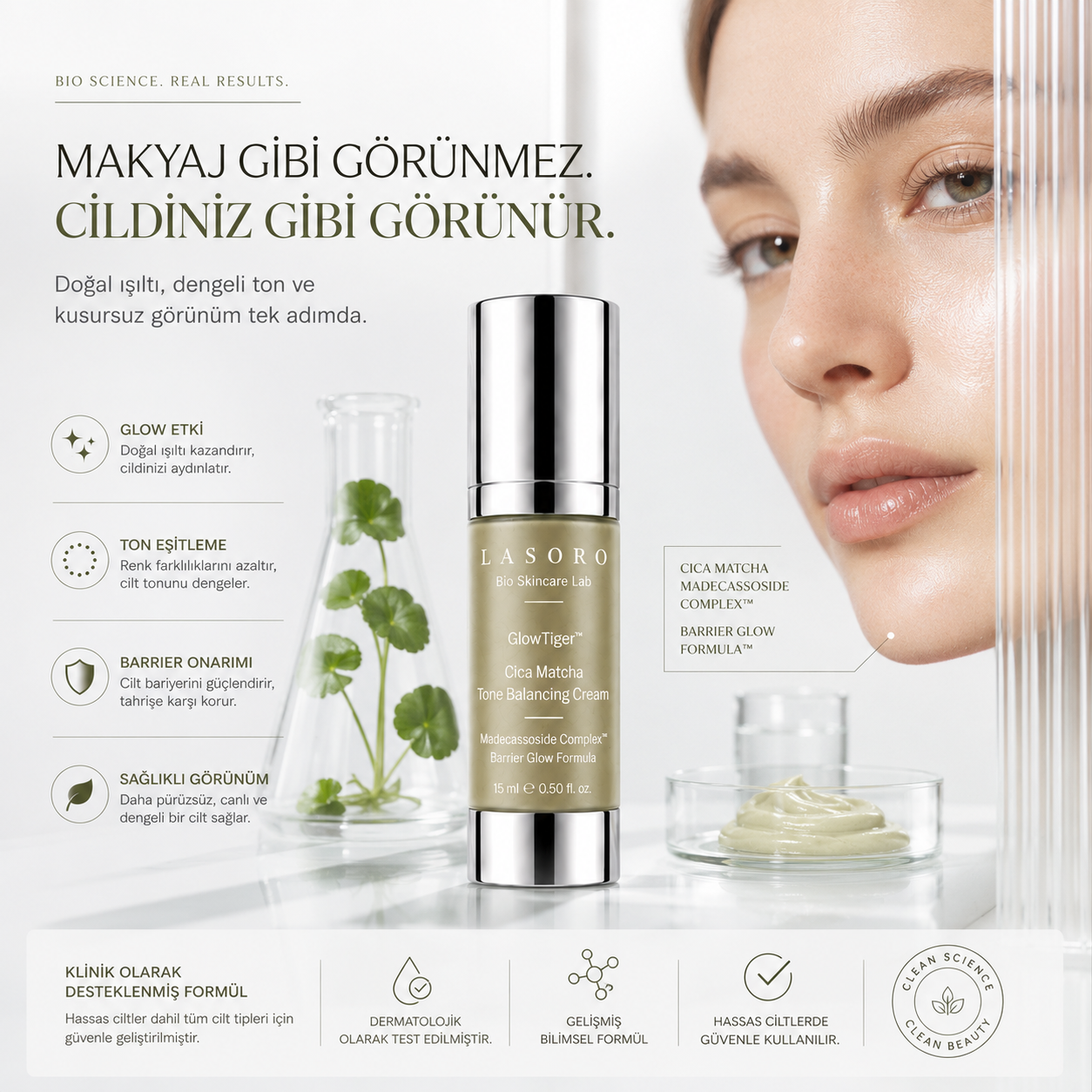 GlowTiger™ Cica Matcha Tone Balancing Cream | Cica Krem | Matcha Krem | Cilt Bariyeri Destekleyici Nemlendirici