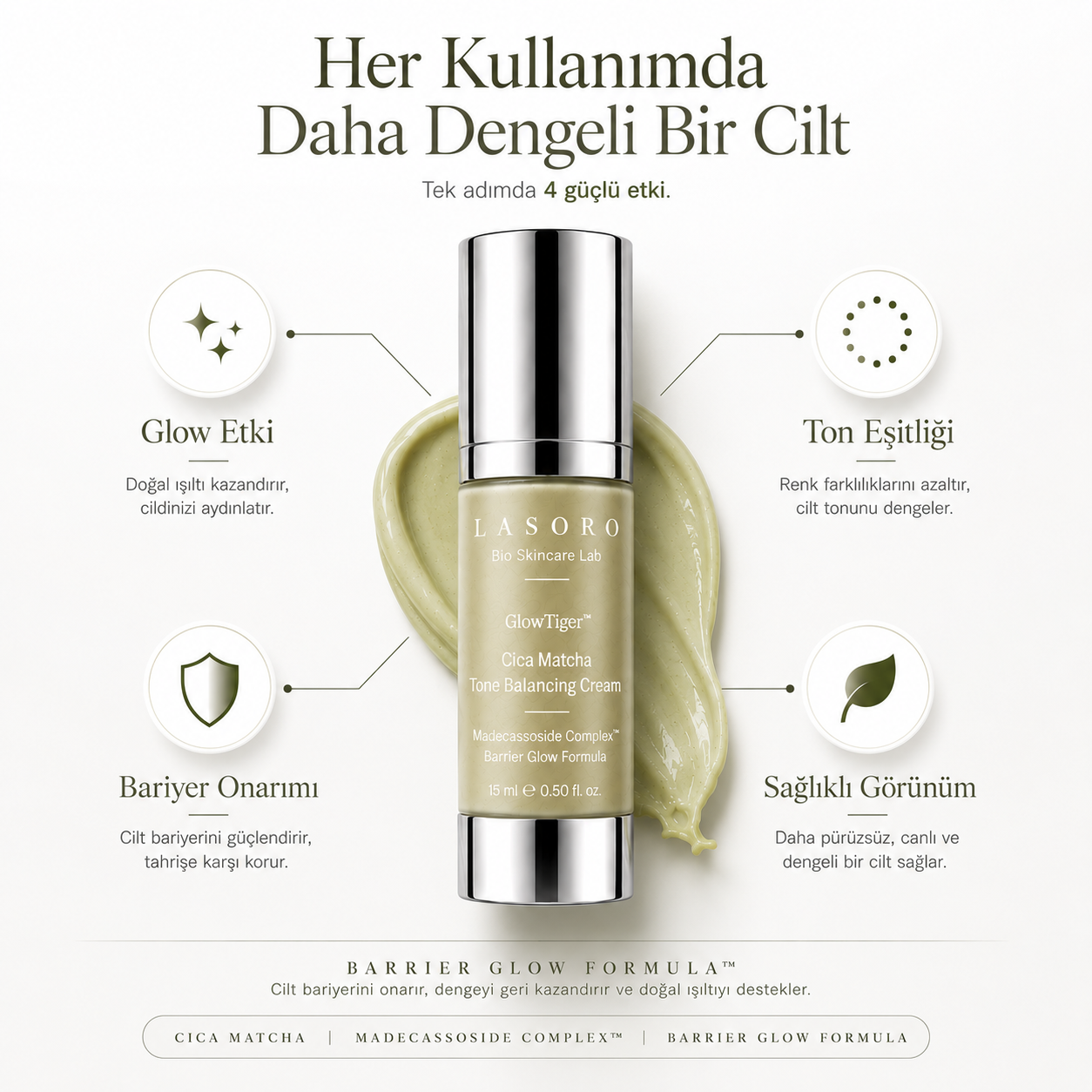GlowTiger™ Cica Matcha Tone Balancing Cream | Cica Krem | Matcha Krem | Cilt Bariyeri Destekleyici Nemlendirici